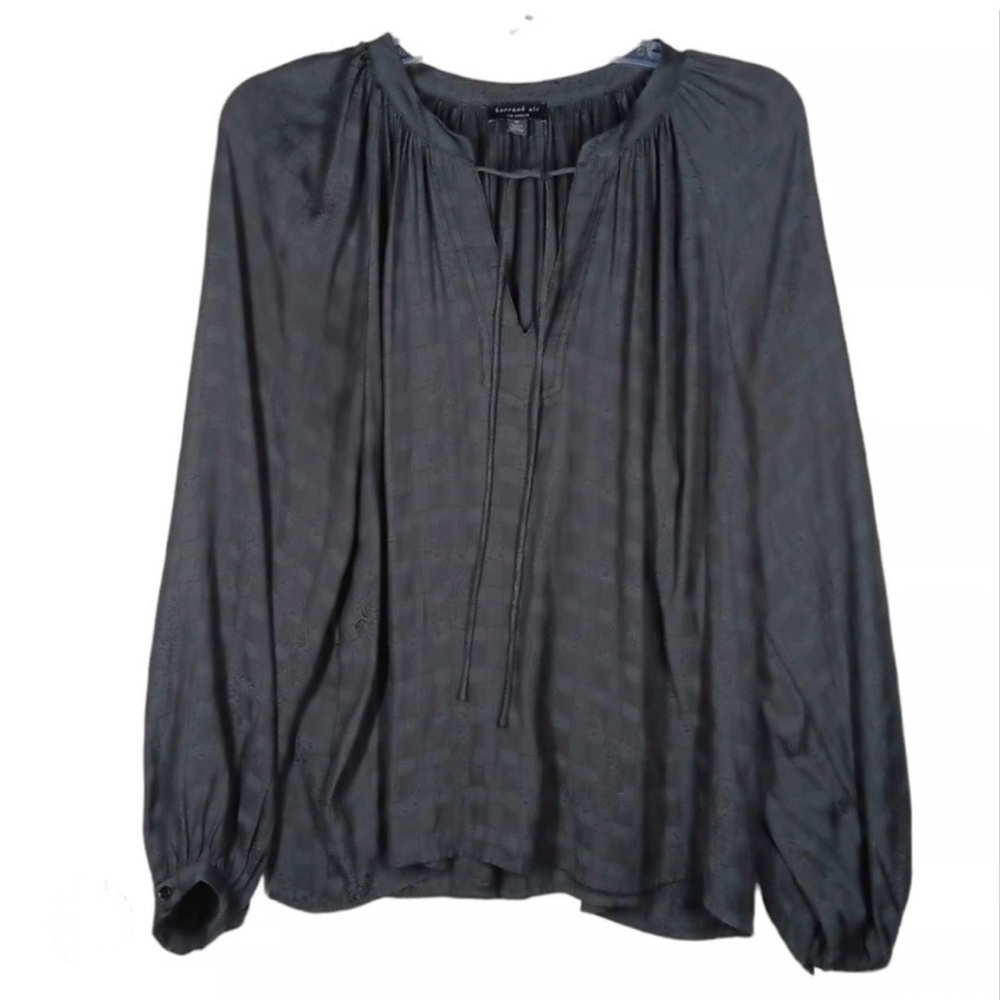Anthropologie Current Air Patterned Peasant Blouse Plaid Floral Charcoal Gray M